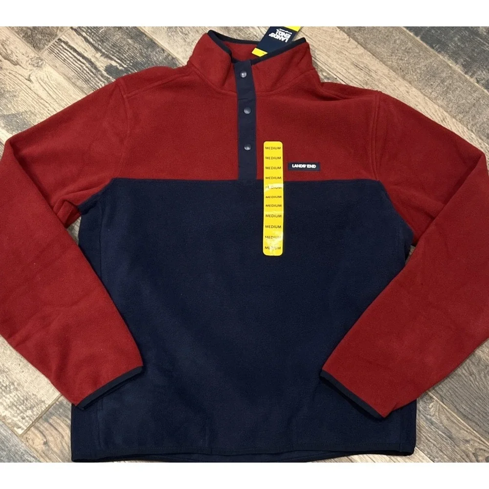 New LANDS' END Heritage Fleece T-Snap Neck Pullover Colorblock Mens Size M